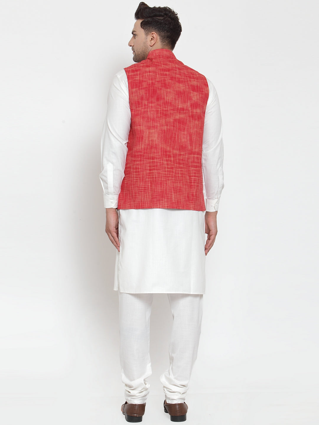 Jompers Men's White Solid Kurta with Pyjamas & Red Nehru Jacket | Swadesiicart