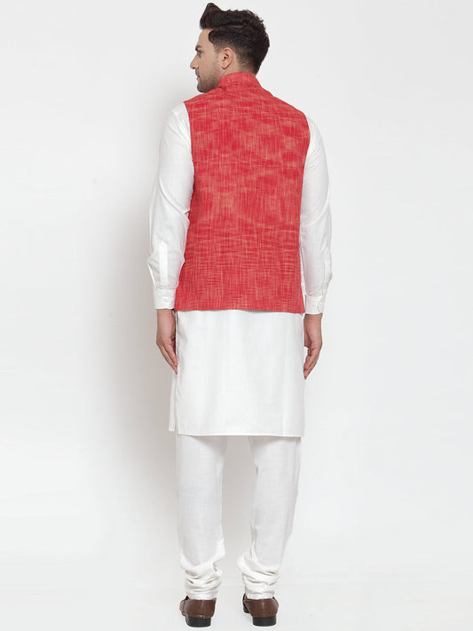 Jompers Men's White Solid Kurta with Pyjamas & Red Nehru Jacket | Swadesiicart