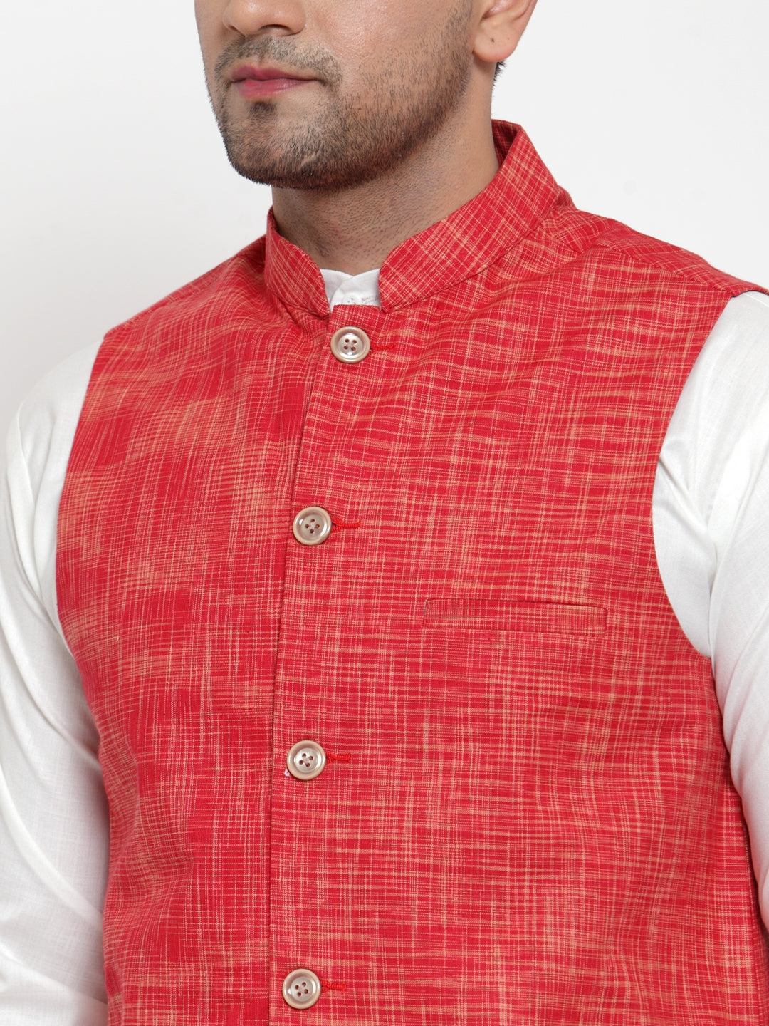 Jompers Men's White Solid Kurta with Pyjamas & Red Nehru Jacket | Swadesiicart