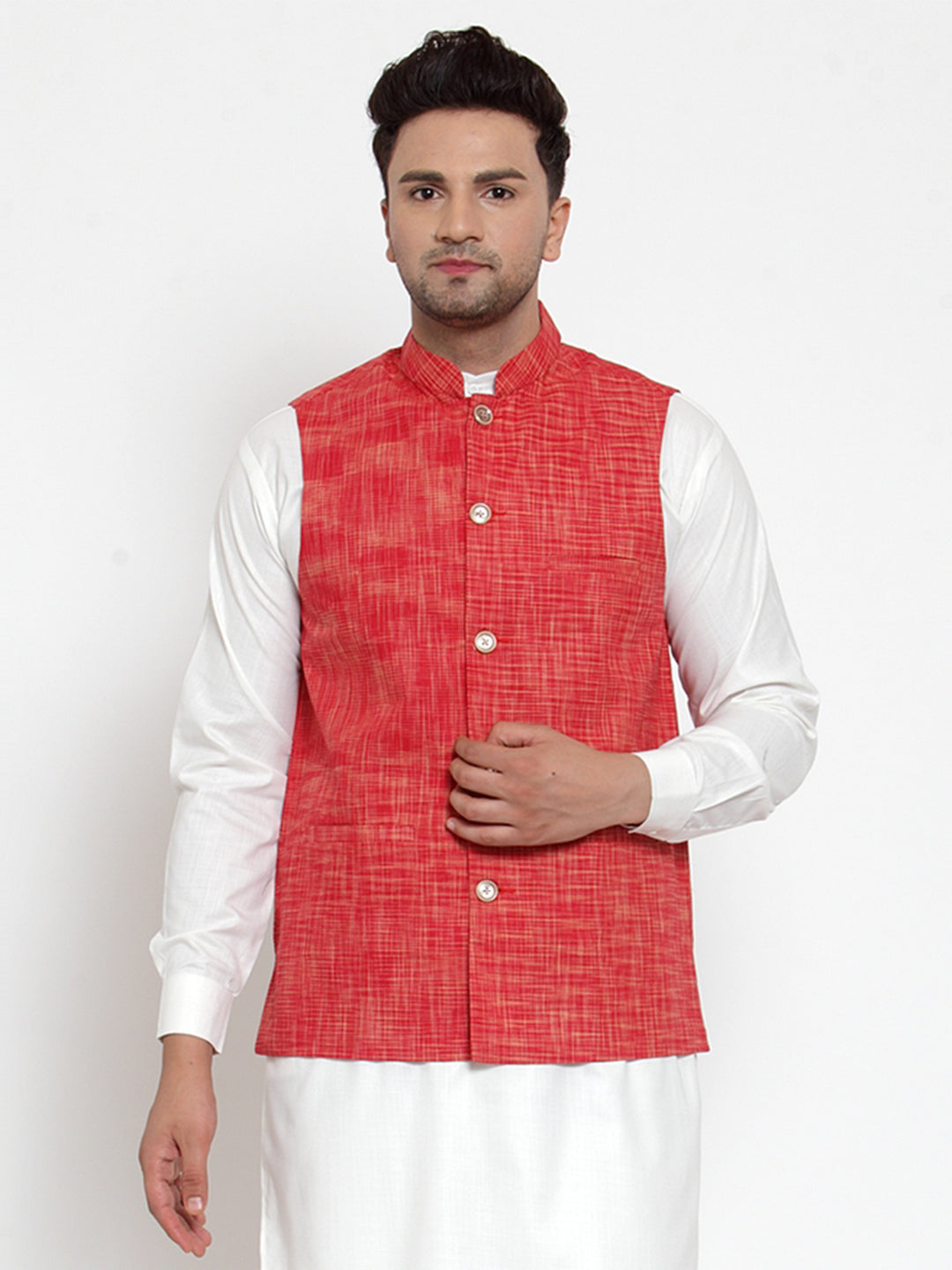 Jompers Men's Red Woven Design Nehru Jacket | Swadesiicart
