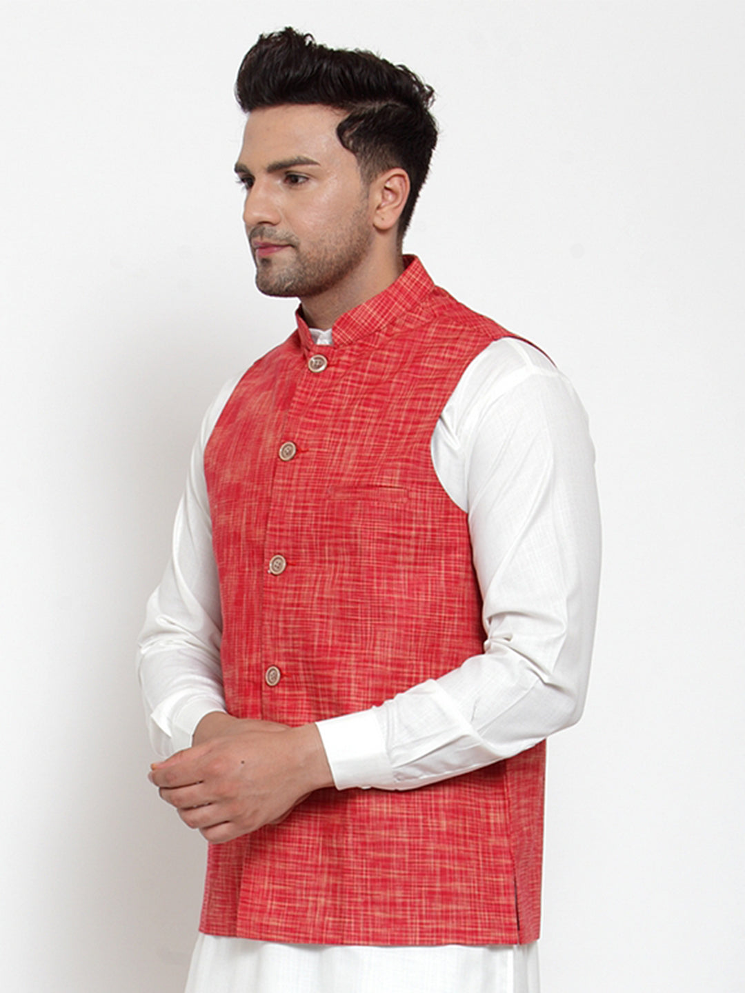 Jompers Men's Red Woven Design Nehru Jacket | Swadesiicart