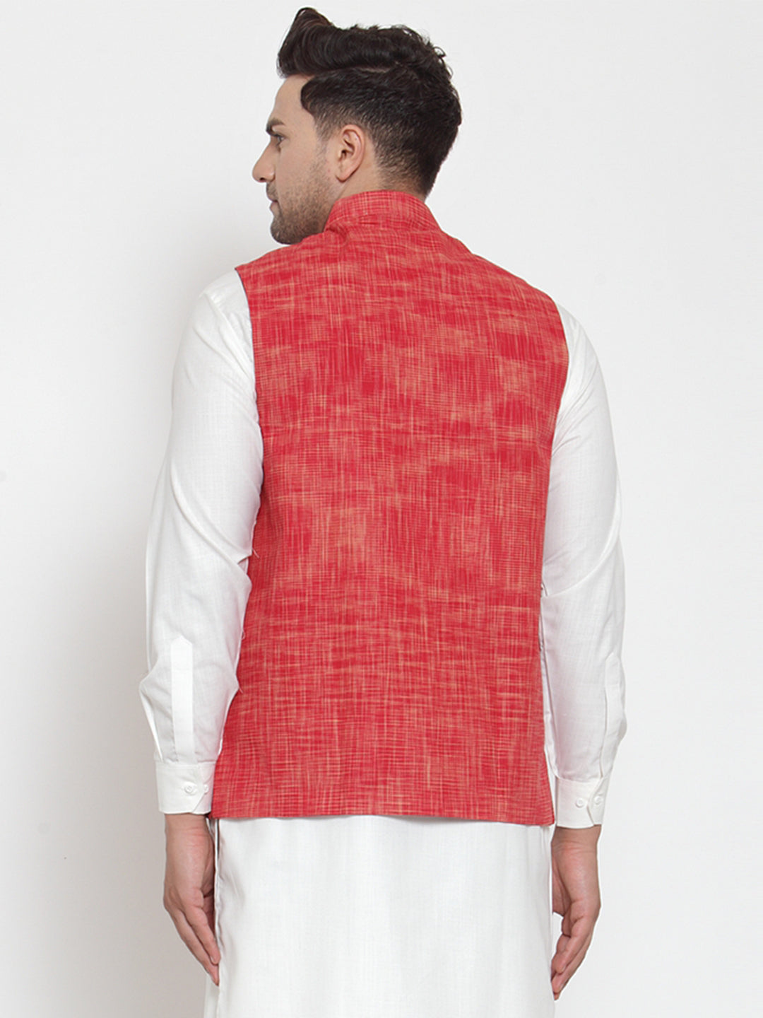 Jompers Men's Red Woven Design Nehru Jacket | Swadesiicart
