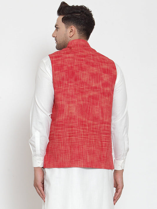Jompers Men's Red Woven Design Nehru Jacket | Swadesiicart