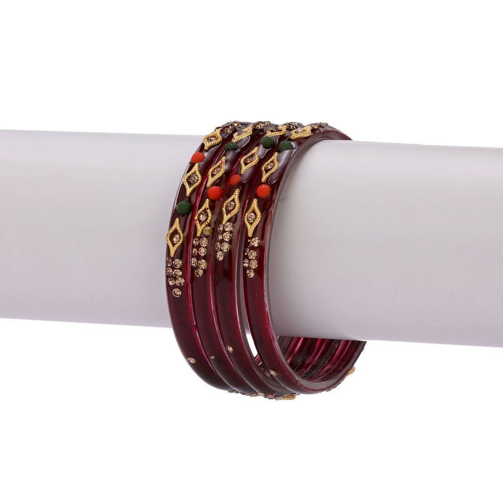 Afast Designer Fancy Party Bangle/ Kada Set, Maroon, Glass, Pack Of 4 - Swadesiicart