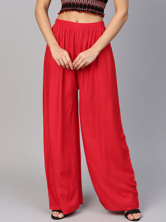 Jompers Women Red Solid Straight Palazzos | Swadesiicart