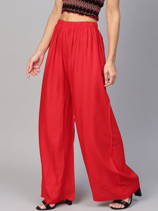 Jompers Women Red Solid Straight Palazzos | Swadesiicart