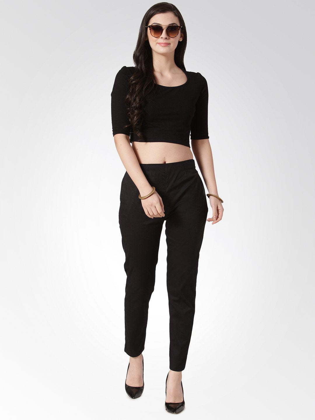 Jompers Women Black Smart Slim Fit Solid Regular Trousers | Swadesiicart