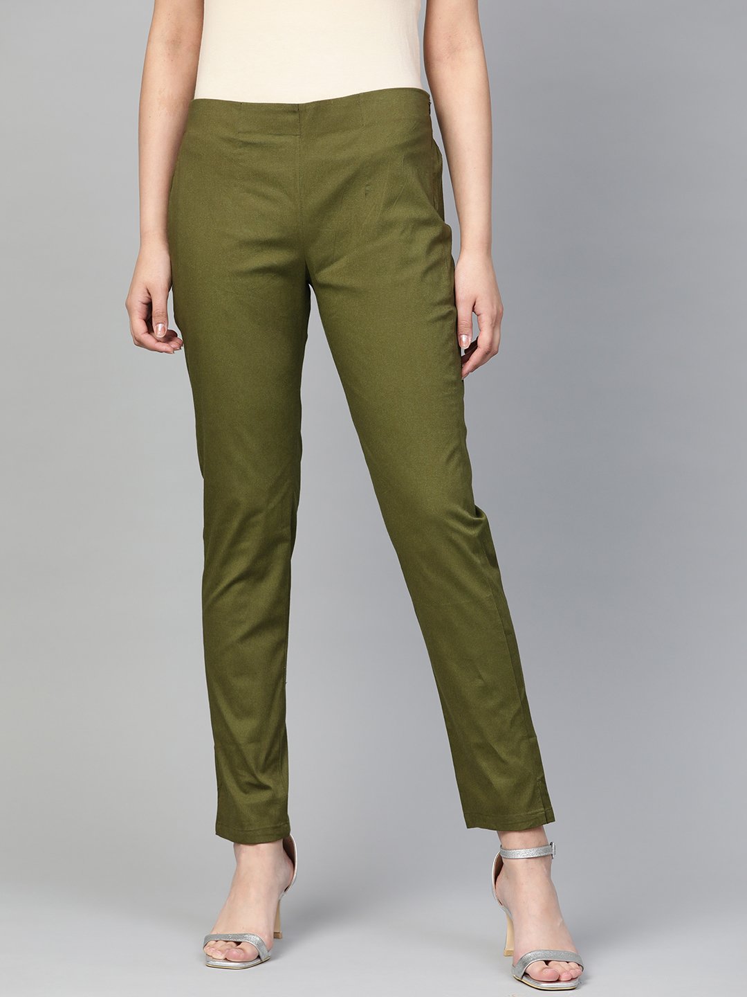 Jompers Women Olive Green Smart Slim Fit Solid Regular Trousers | Swadesiicart
