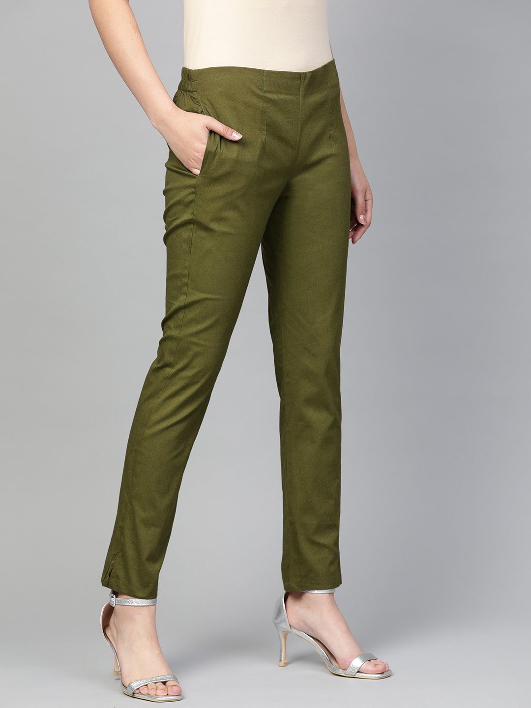 Jompers Women Olive Green Smart Slim Fit Solid Regular Trousers | Swadesiicart