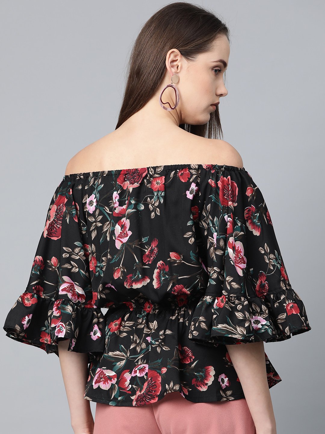 Jompers Women Black Printed Bardot Top | Swadesiicart