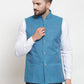Jompers Men Turquoise Blue Woven Design Nehru Jacket | Swadesiicart