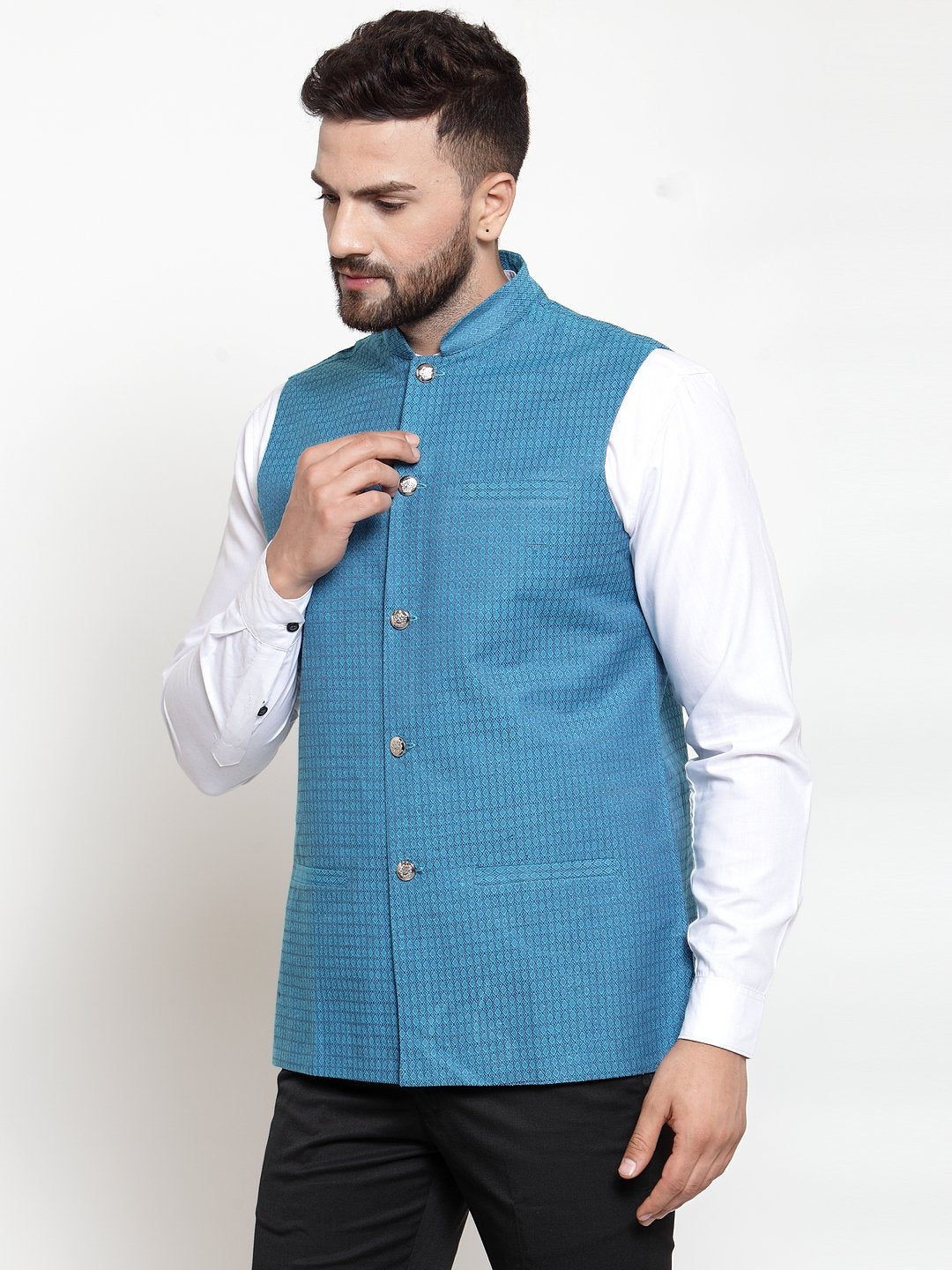 Jompers Men Turquoise Blue Woven Design Nehru Jacket | Swadesiicart