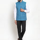 Jompers Men Turquoise Blue Woven Design Nehru Jacket | Swadesiicart