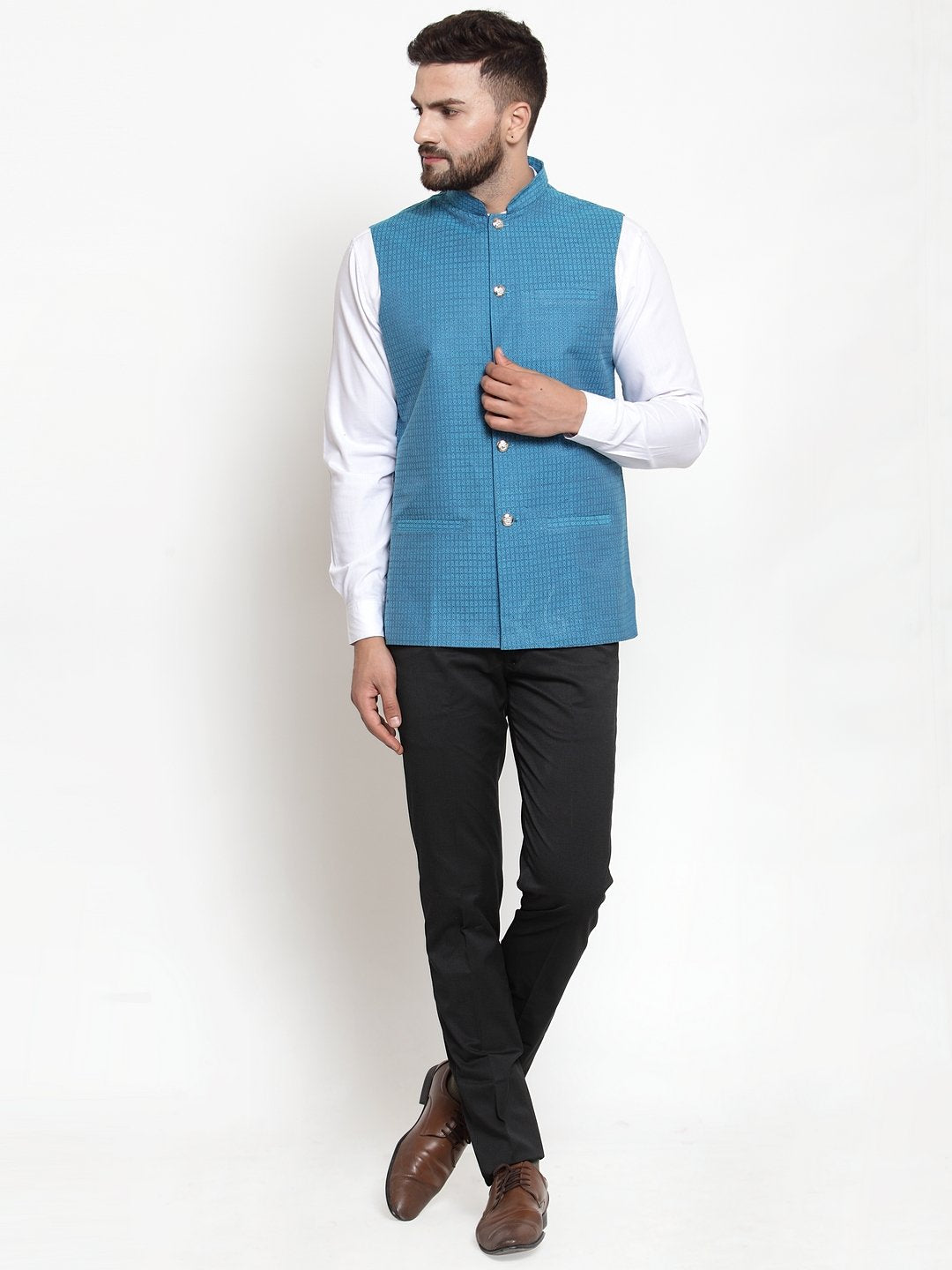 Jompers Men Turquoise Blue Woven Design Nehru Jacket | Swadesiicart