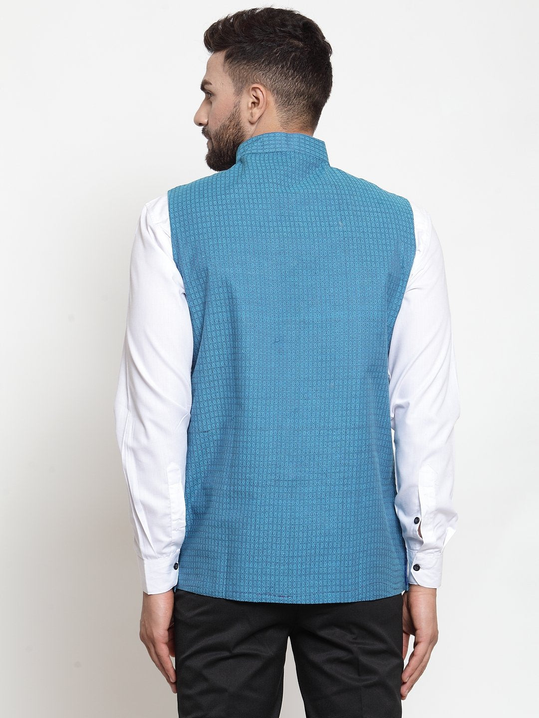 Jompers Men Turquoise Blue Woven Design Nehru Jacket | Swadesiicart