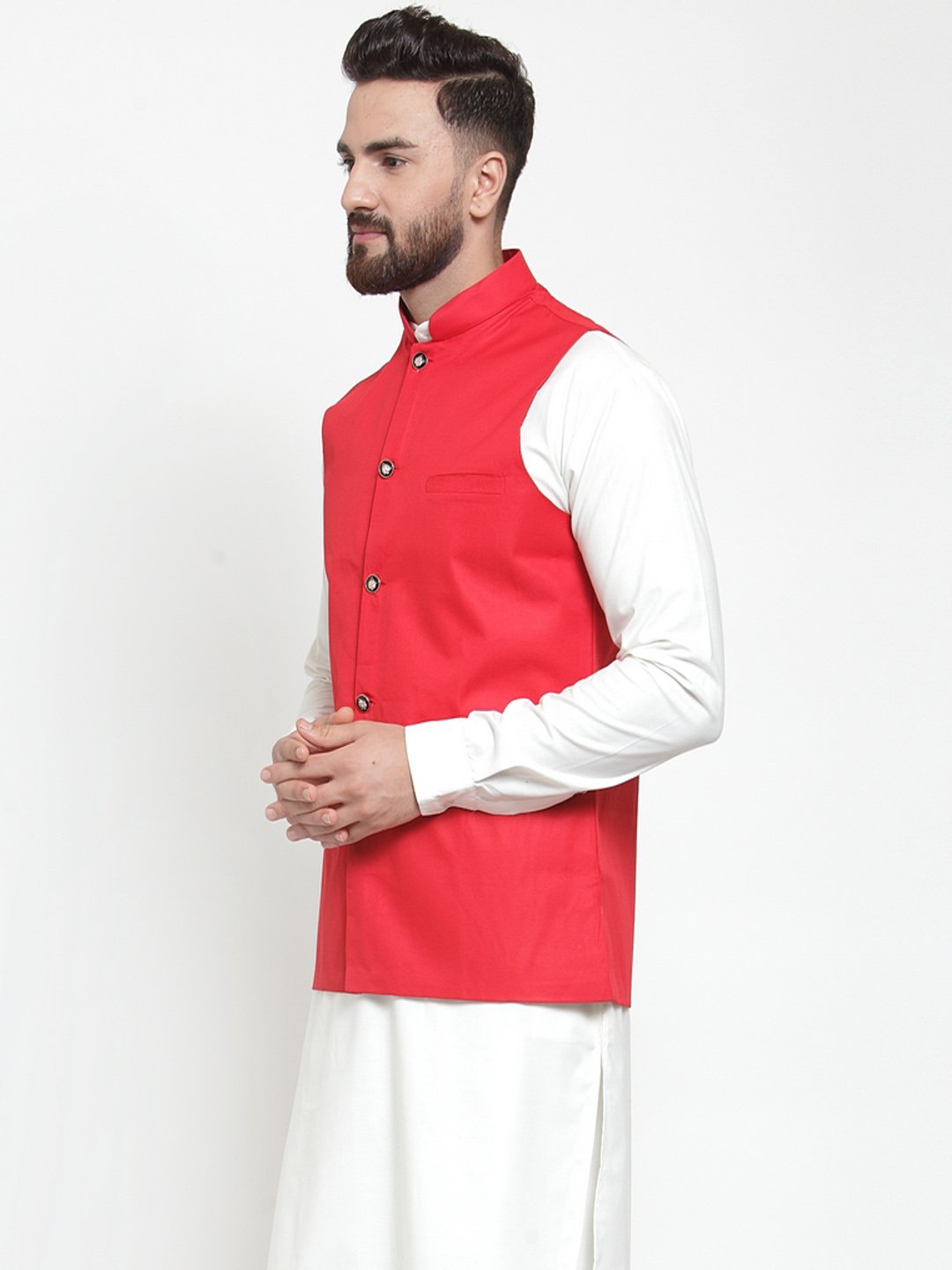 Jompers Men Red Solid Nehru Jacket | Swadesiicart