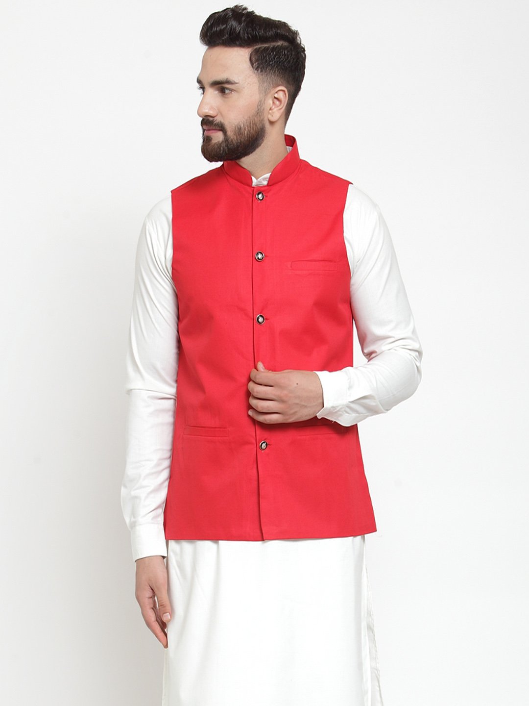 Jompers Men Red Solid Nehru Jacket | Swadesiicart