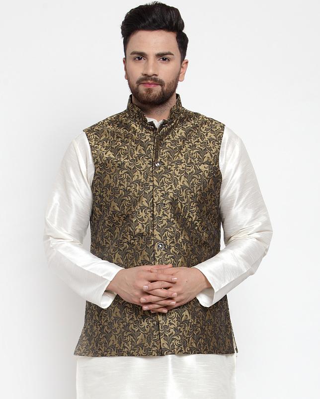 Jompers Men Gold-Coloured & Black Woven Design Nehru Jacket | Swadesiicart