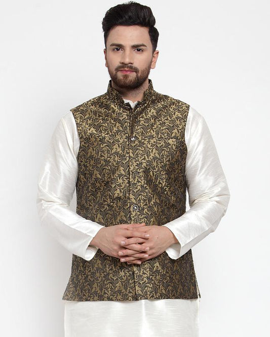 Jompers Men Gold-Coloured & Black Woven Design Nehru Jacket | Swadesiicart
