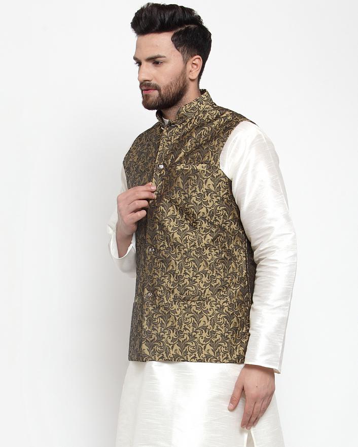 Jompers Men Gold-Coloured & Black Woven Design Nehru Jacket | Swadesiicart
