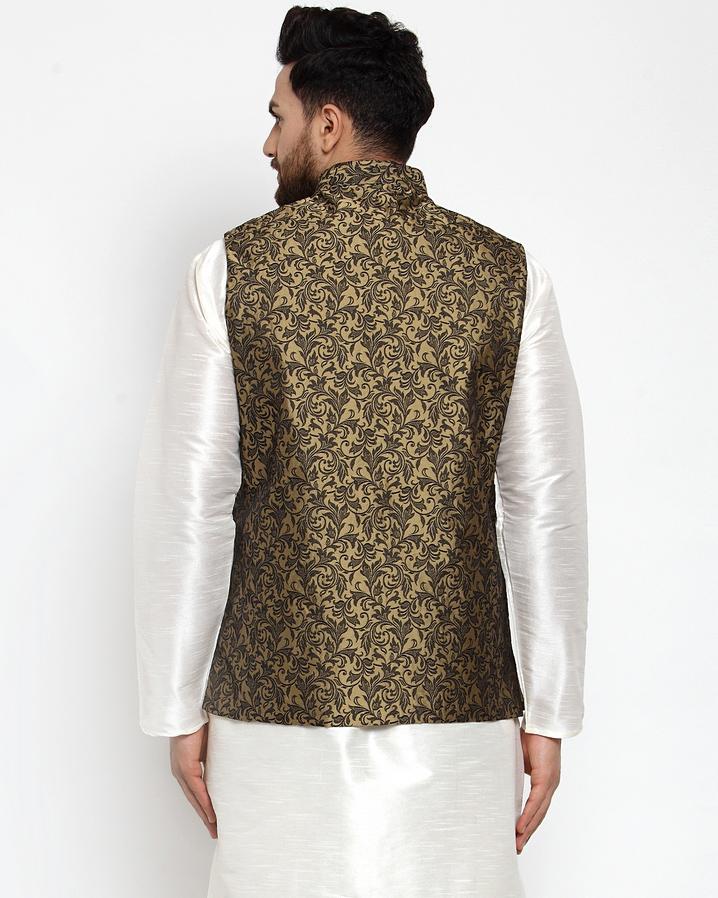 Jompers Men Gold-Coloured & Black Woven Design Nehru Jacket | Swadesiicart