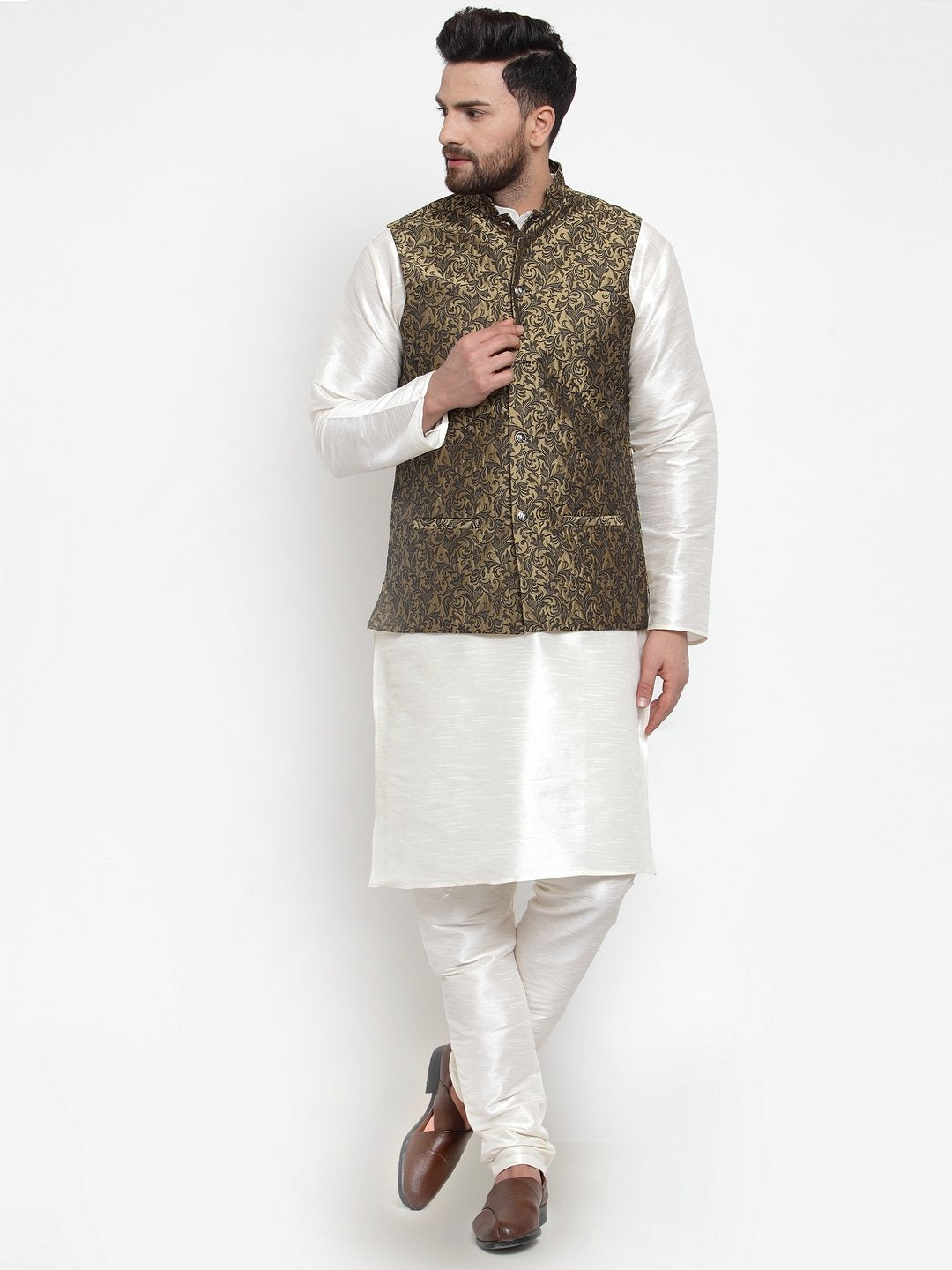 Jompers Men Gold-Coloured & Black Woven Design Nehru Jacket | Swadesiicart