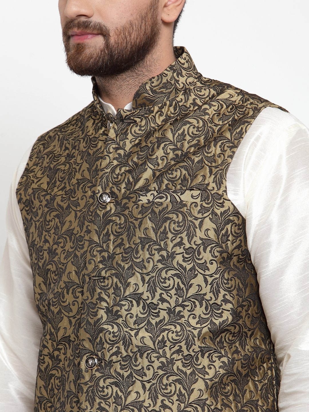 Jompers Men Gold-Coloured & Black Woven Design Nehru Jacket | Swadesiicart