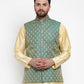 Jompers Men Green-Coloured & Golden Woven Design Nehru Jacket | Swadesiicart