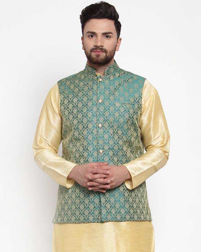 Jompers Men Green-Coloured & Golden Woven Design Nehru Jacket | Swadesiicart