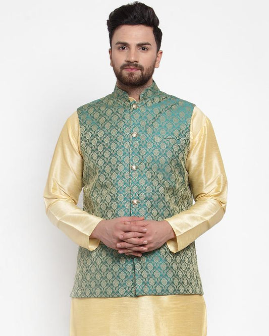 Jompers Men Green-Coloured & Golden Woven Design Nehru Jacket | Swadesiicart