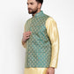 Jompers Men Green-Coloured & Golden Woven Design Nehru Jacket | Swadesiicart