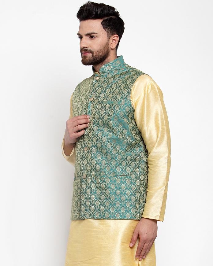 Jompers Men Green-Coloured & Golden Woven Design Nehru Jacket | Swadesiicart