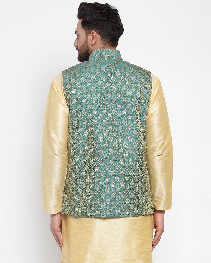 Jompers Men Green-Coloured & Golden Woven Design Nehru Jacket | Swadesiicart