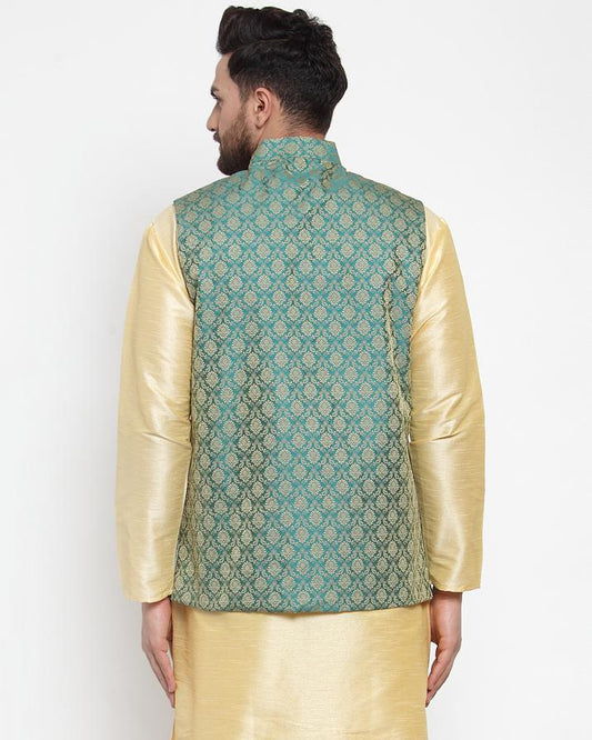 Jompers Men Green-Coloured & Golden Woven Design Nehru Jacket | Swadesiicart