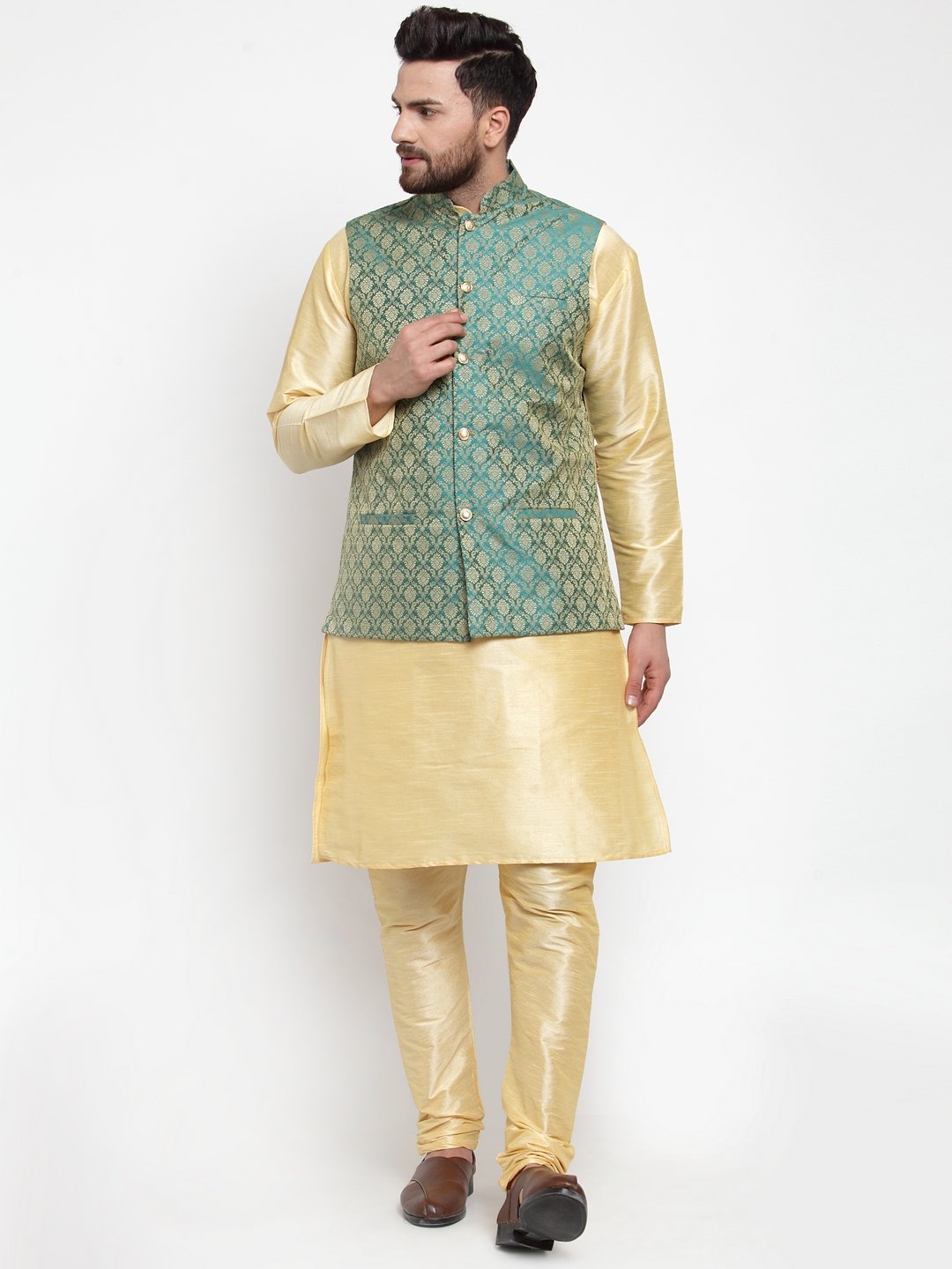 Jompers Men Green-Coloured & Golden Woven Design Nehru Jacket | Swadesiicart