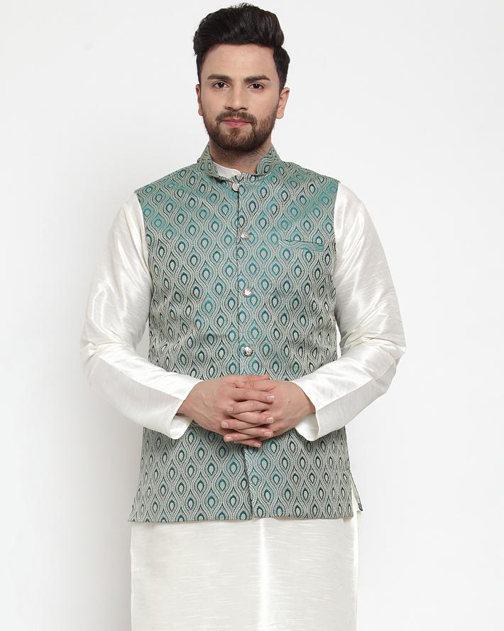 Jompers Men Green Woven Design Nehru Jacket | Swadesiicart