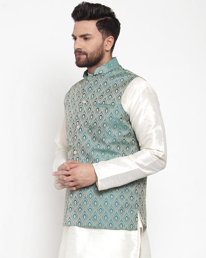 Jompers Men Green Woven Design Nehru Jacket | Swadesiicart