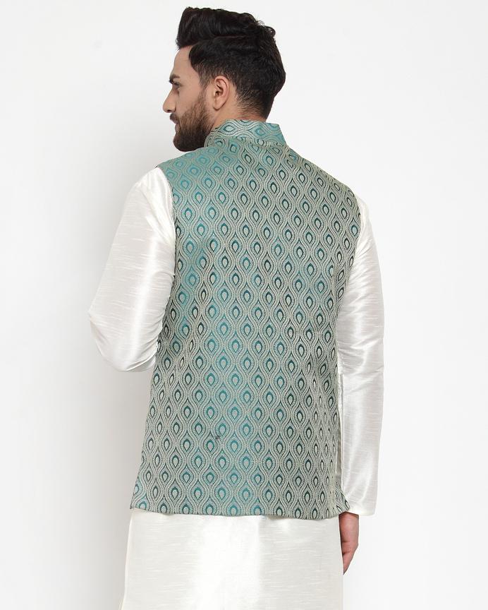 Jompers Men Green Woven Design Nehru Jacket | Swadesiicart
