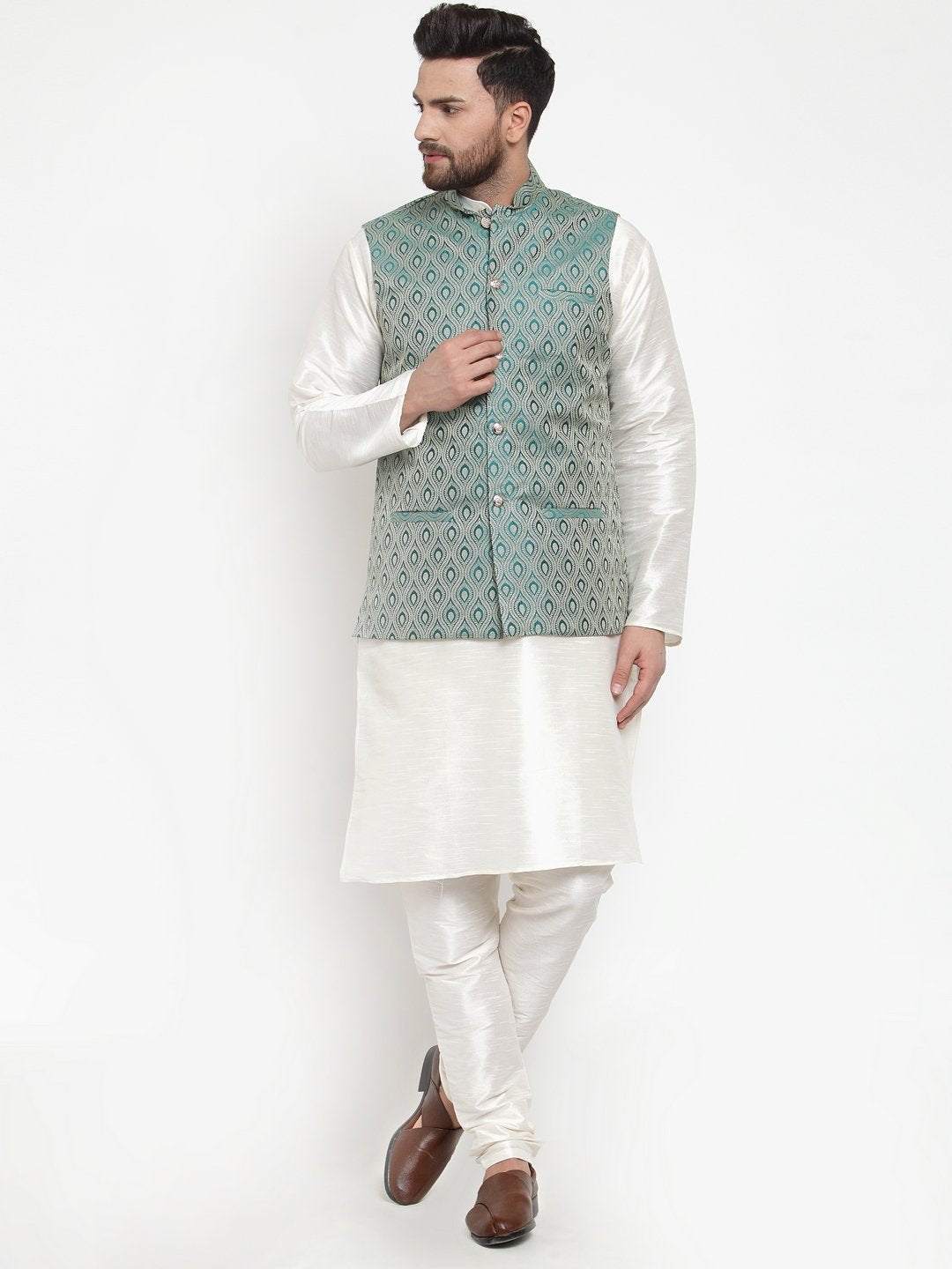 Jompers Men Green Woven Design Nehru Jacket | Swadesiicart