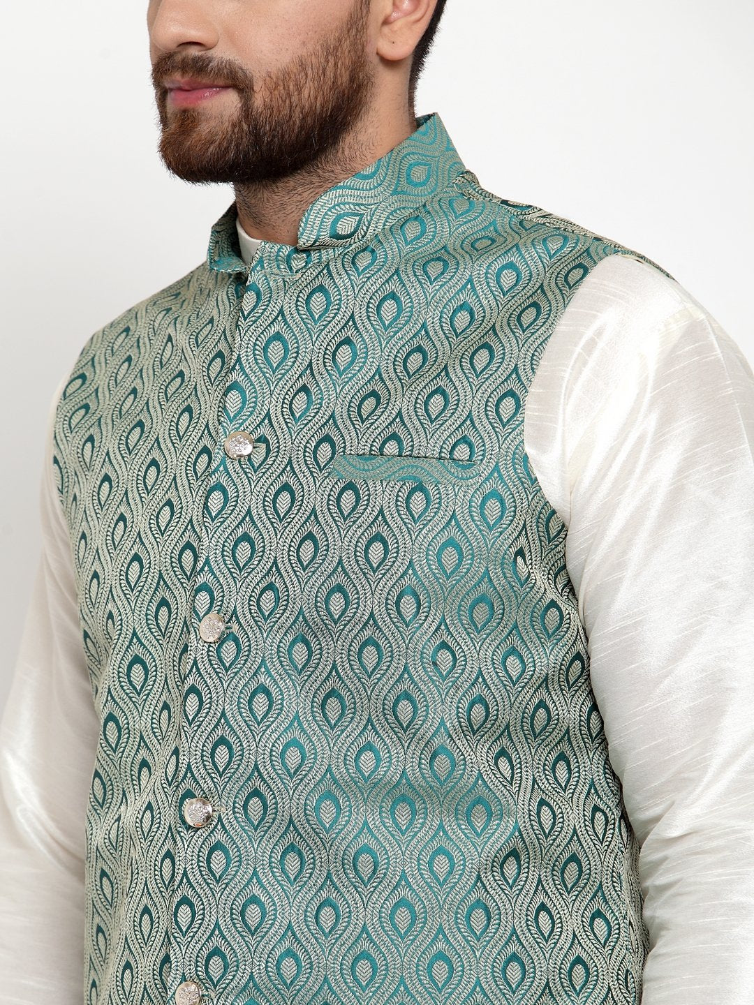 Jompers Men Green Woven Design Nehru Jacket | Swadesiicart