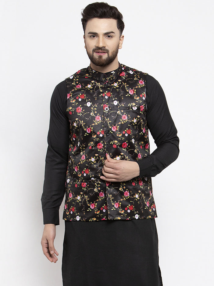 Jompers Men's Black Printed Nehru Jacket | Swadesiicart