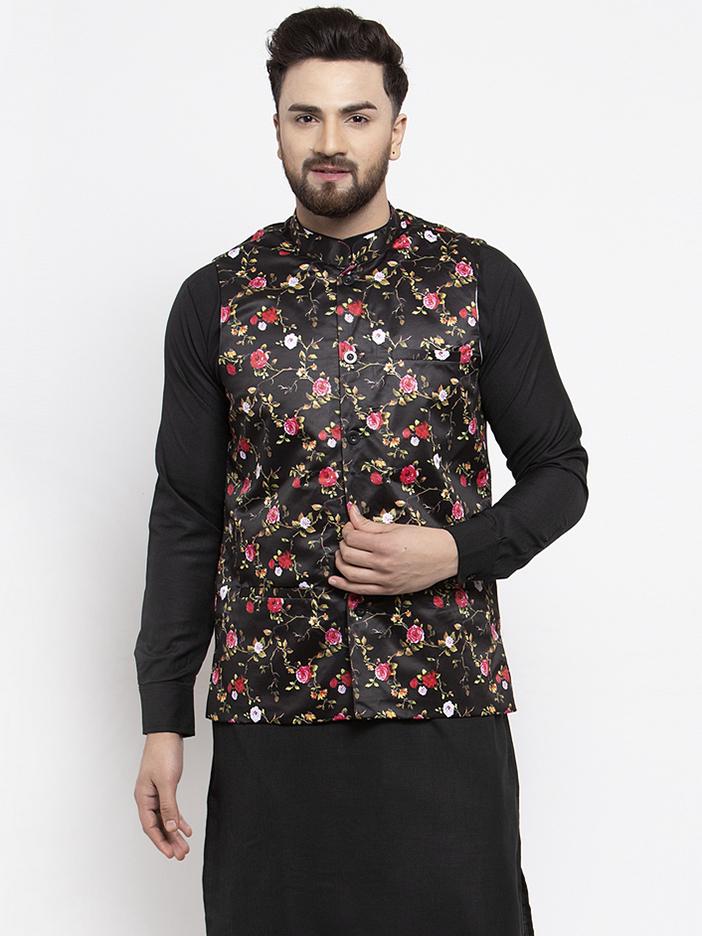 Jompers Men Black Printed Satin Nehru Jacket | Swadesiicart