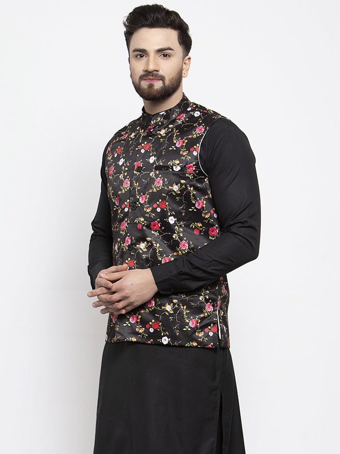 Jompers Men's Black Printed Nehru Jacket | Swadesiicart