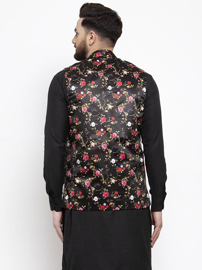 Jompers Men Black Printed Satin Nehru Jacket | Swadesiicart