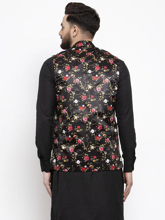 Jompers Men Black Printed Satin Nehru Jacket | Swadesiicart