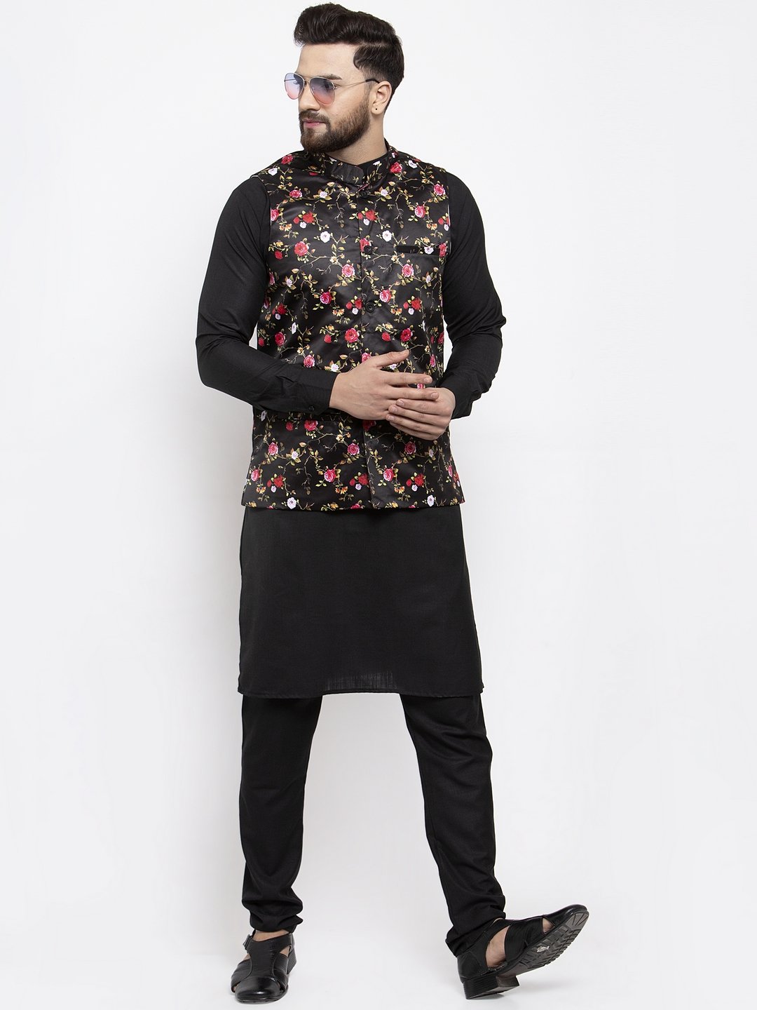 Jompers Men Black Printed Satin Nehru Jacket | Swadesiicart