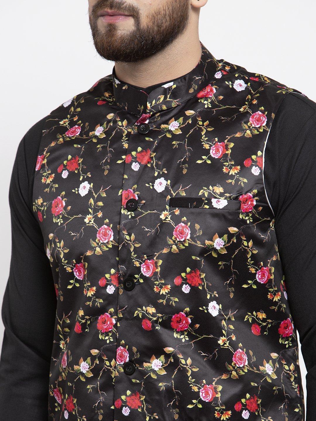 Jompers Men Black Printed Satin Nehru Jacket | Swadesiicart