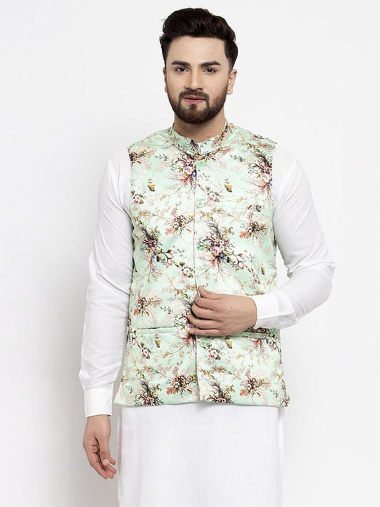 Jompers Men Lime-Green Printed Satin Nehru Jacket | Swadesiicart
