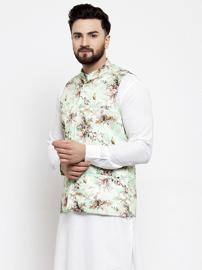 Jompers Men Lime-Green Printed Satin Nehru Jacket | Swadesiicart