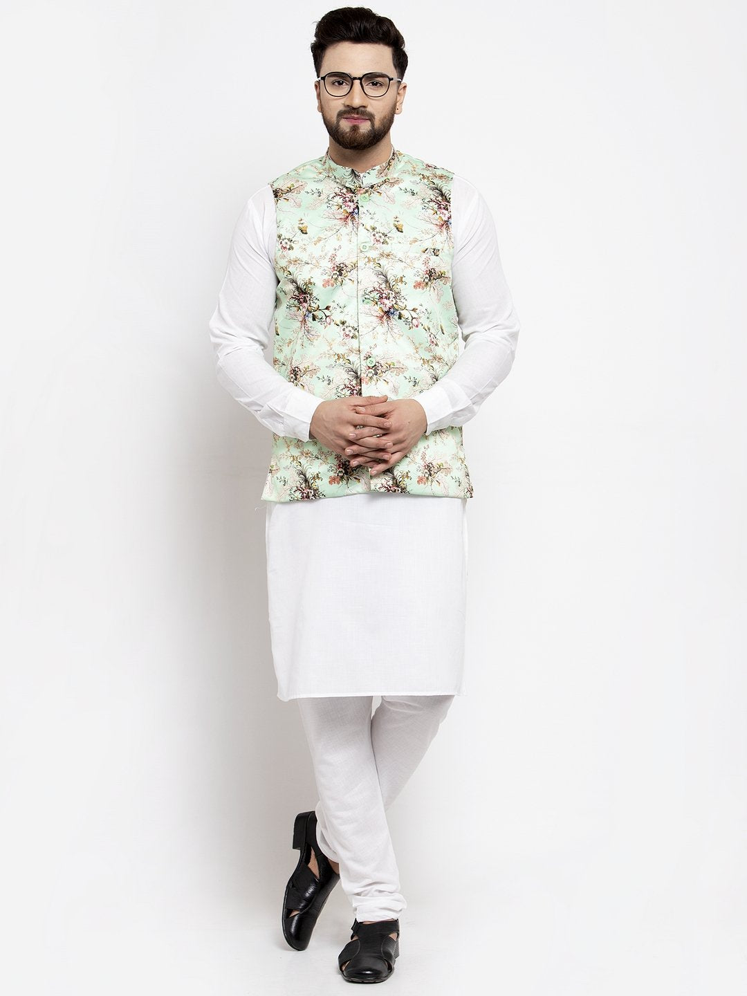 Jompers Men Lime-Green Printed Satin Nehru Jacket | Swadesiicart